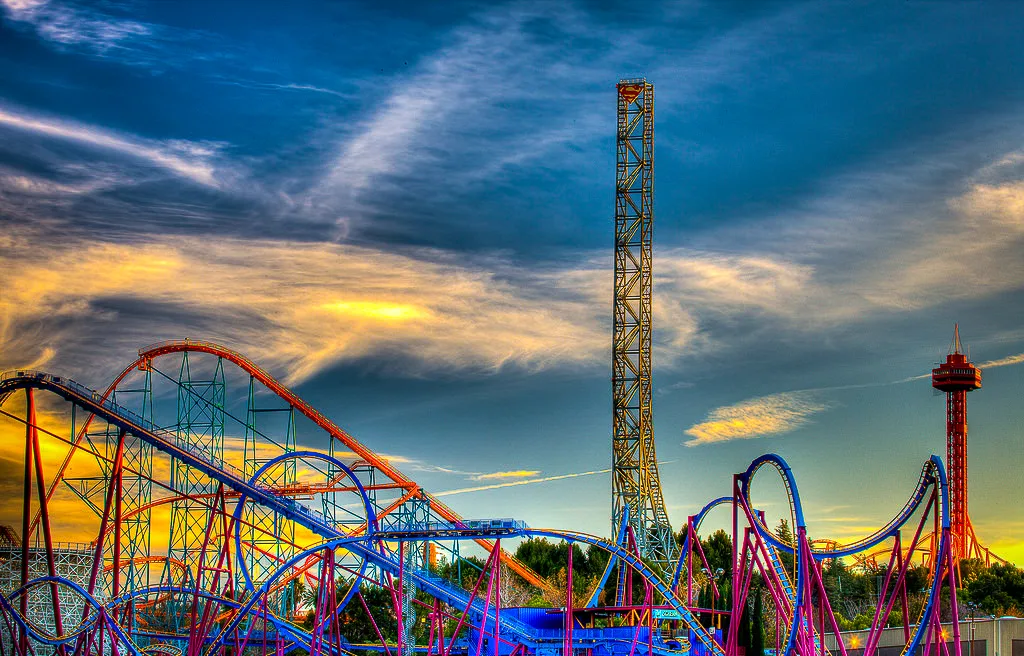 Roller coasters at Six Flags Magic Mountain in Valencia