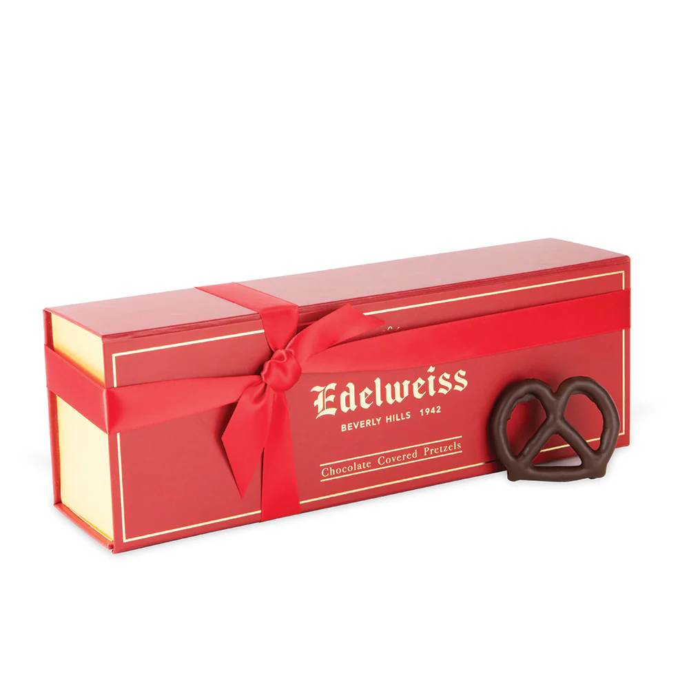 A box of Edelweiss Chocolates chocolate-covered pretzels from Beverly Hills