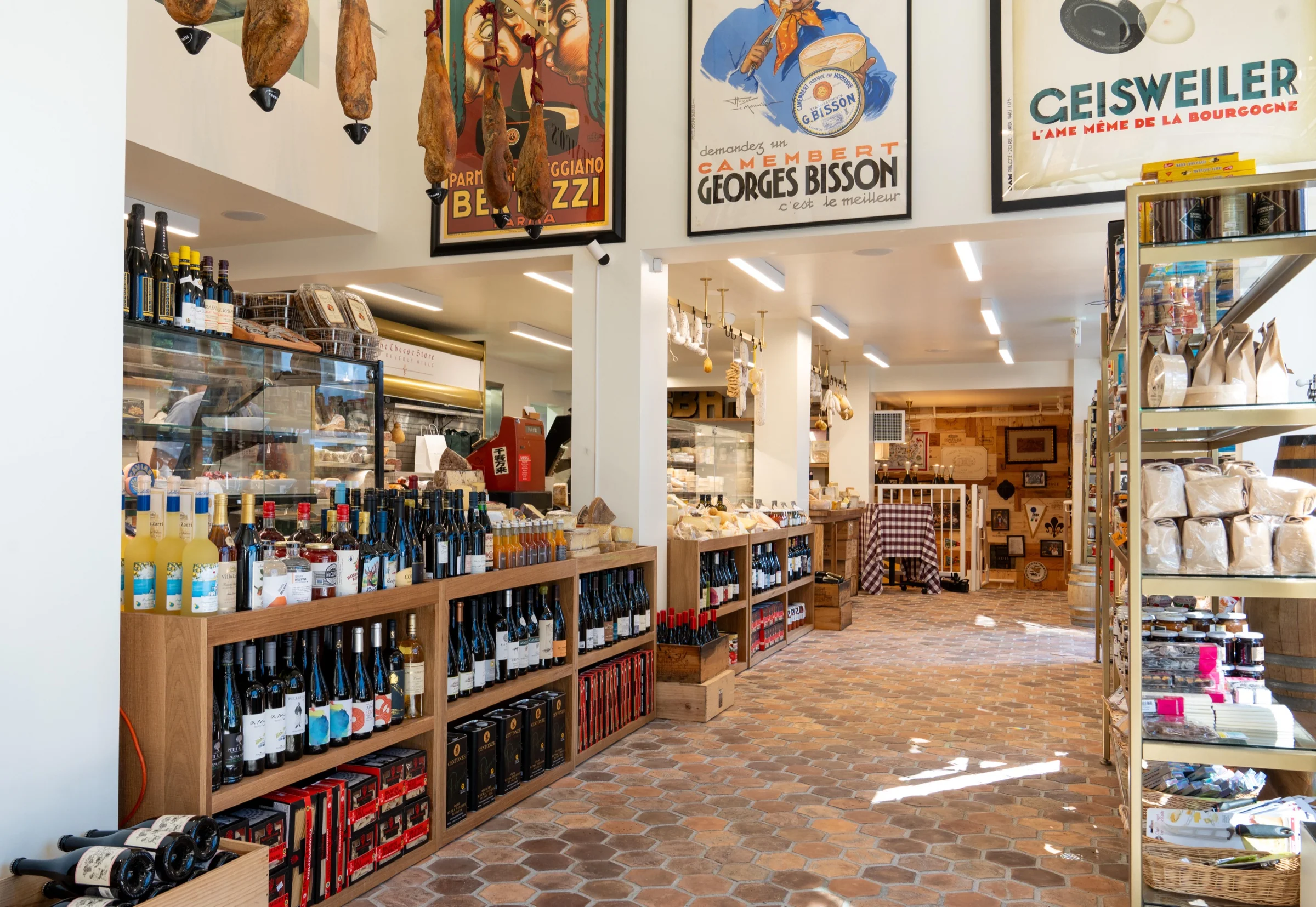 Interior of The Cheese Store of Beverly Hills with cheese and wine displays