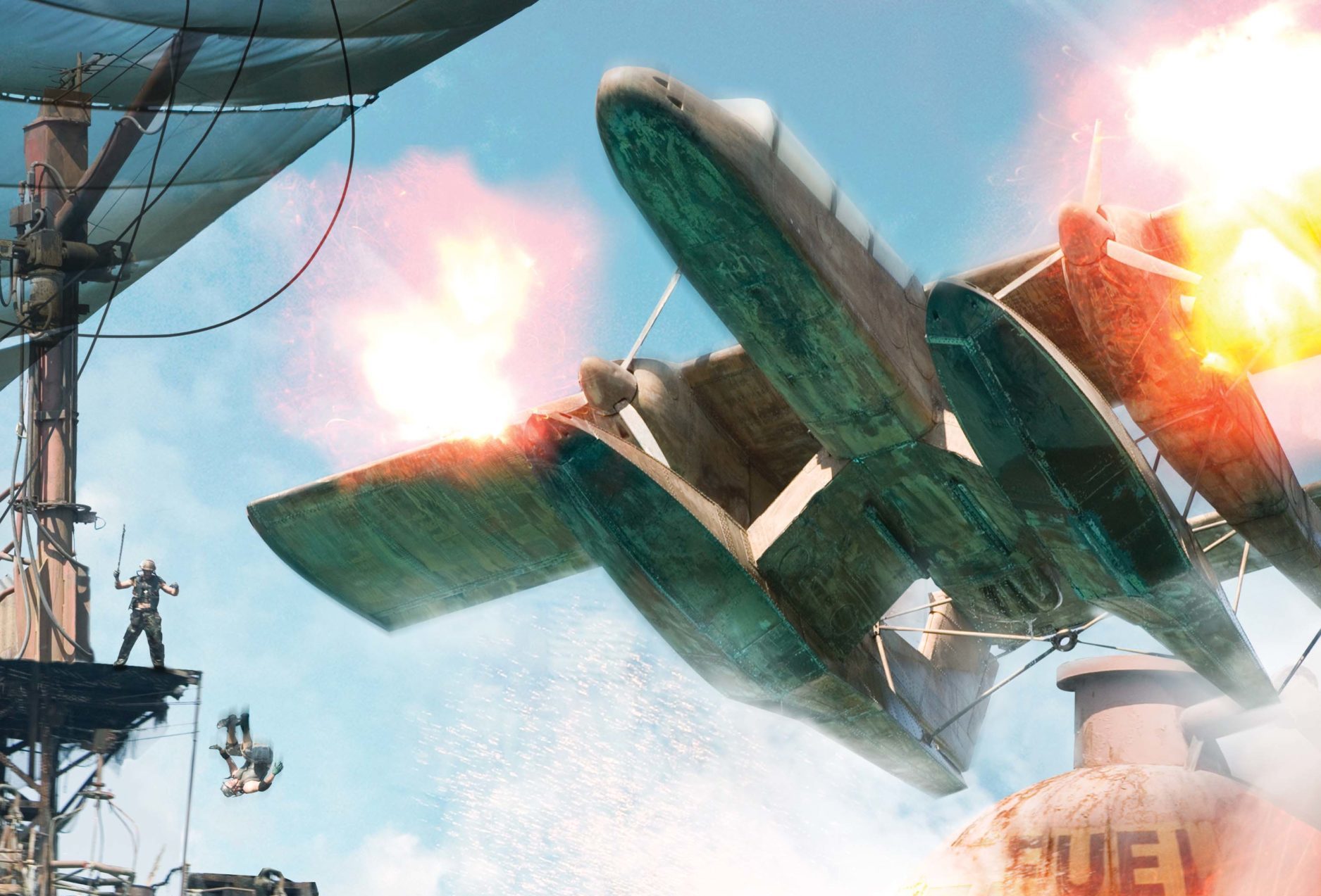Pyrotechnic stunt sequence during the WaterWorld live show at Universal Studios Hollywood