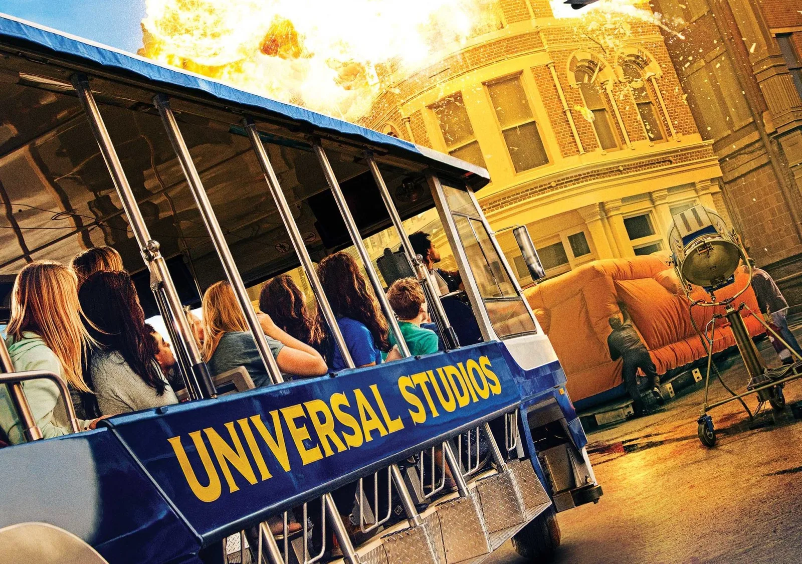 The World Famous Studio Tour tram touring the backlot at Universal Studios Hollywood