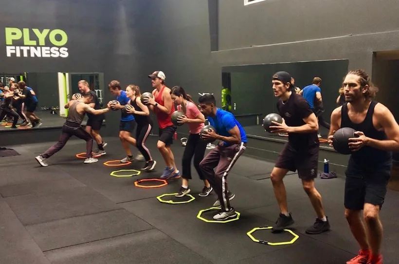 A plyometric training session at Plyo Fitness in Hollywood, Los Angeles.