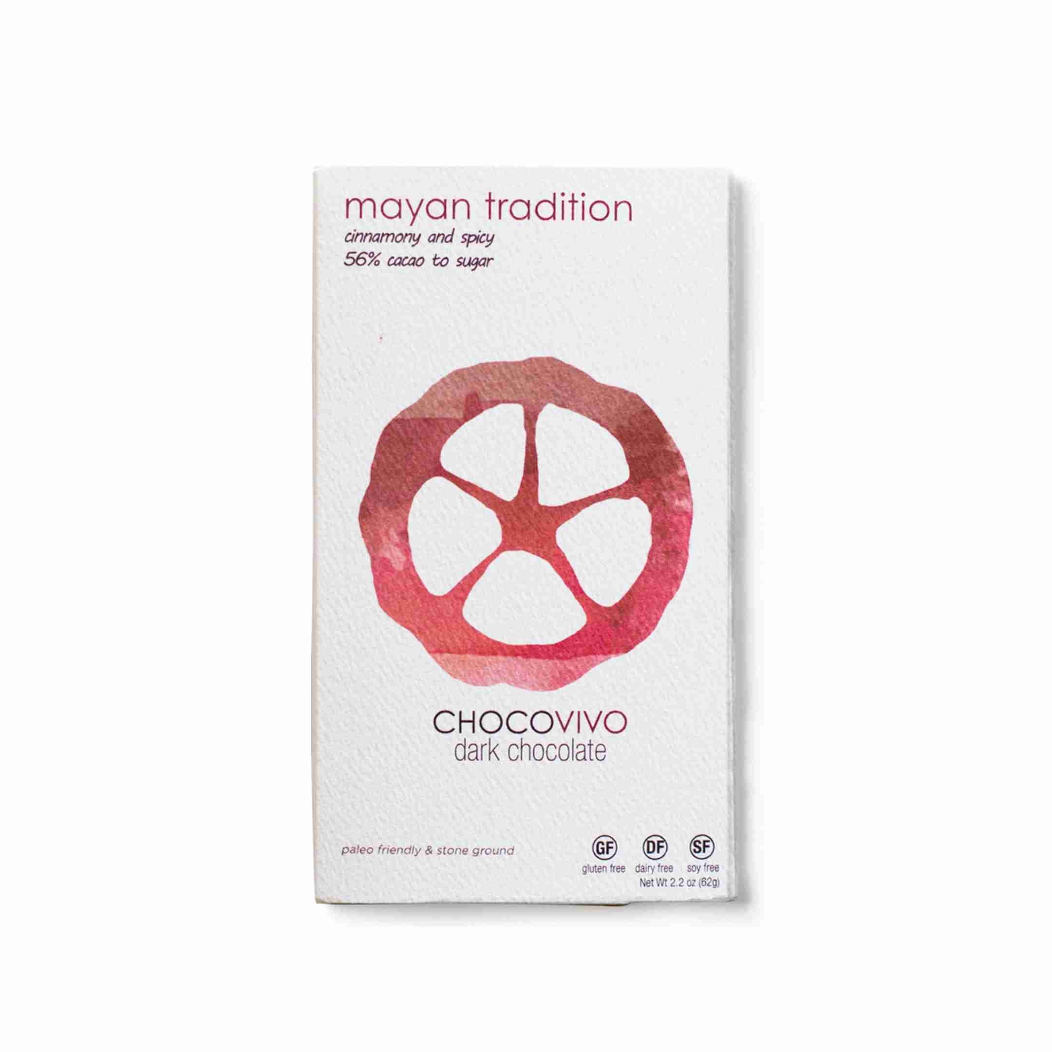 A bar of ChocoVivo's Mayan Tradition stone-ground dark chocolate in its packaging