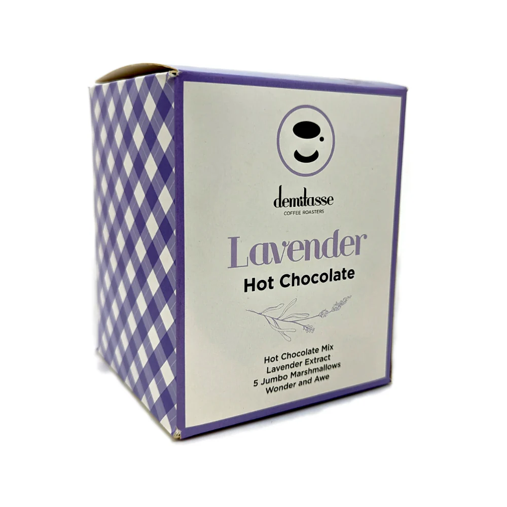 A box of Cafe Demitasse's lavender hot chocolate mix