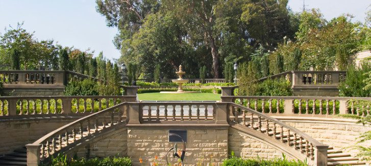 Greystone Mansion's Tudor Revival facade and gardens, Beverly Hills