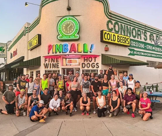 A crowd in front of Walt's Bar, Eagle Rock