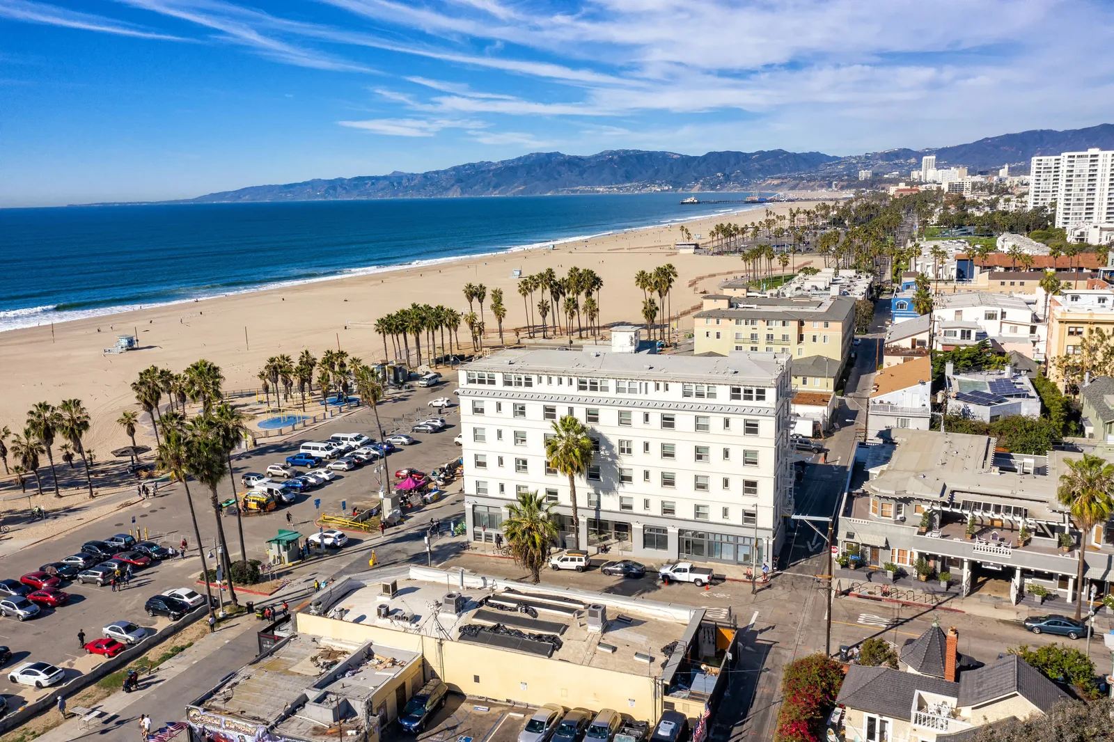 Venice on the Beach Hotel exterior and patio steps from the sand in Venice, California