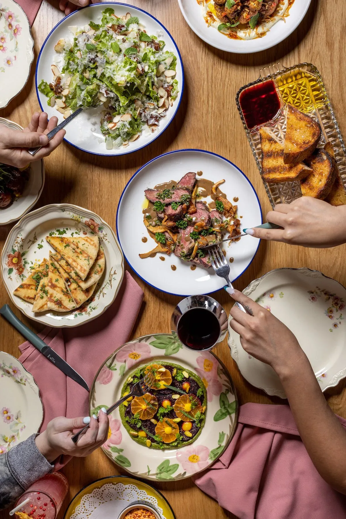 Overhead dinner spread at Agnes Restaurant & Cheesery, Pasadena