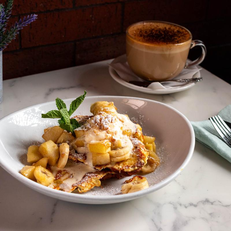 Croissant French toast with a cappuccino at Blue Daisy café, Santa Monica