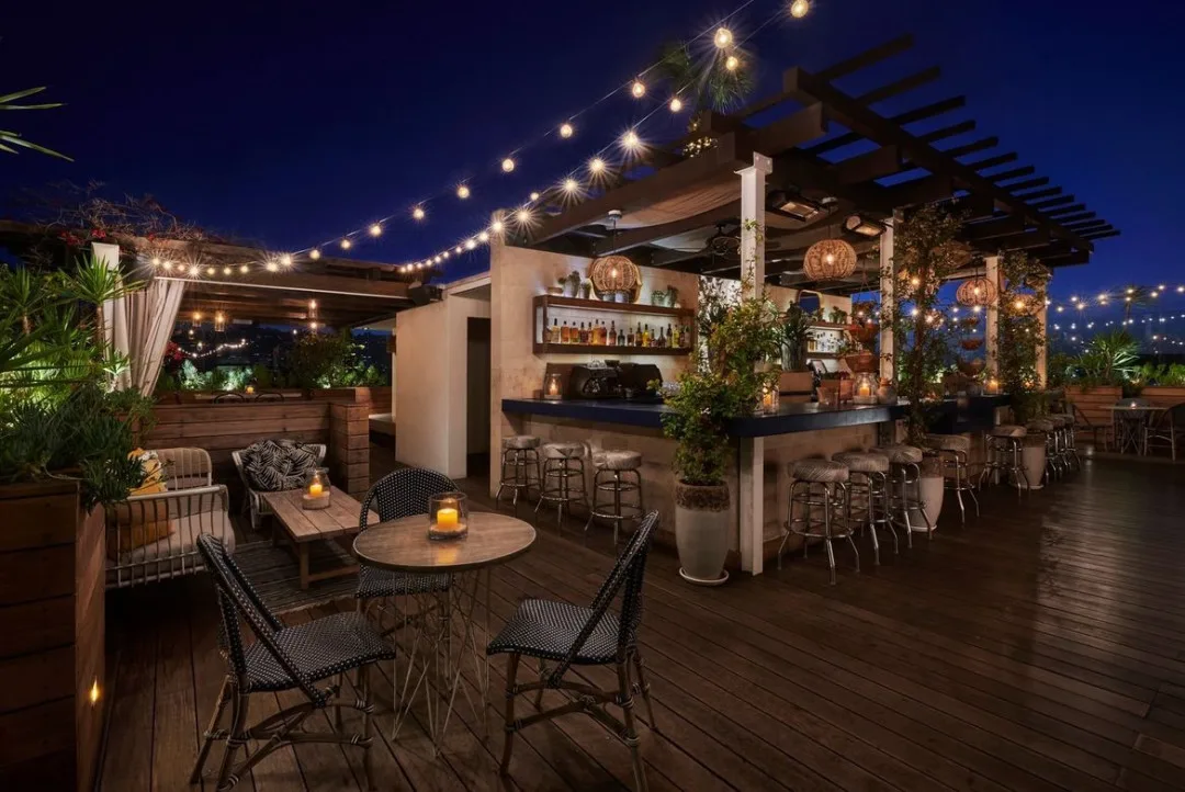 Covered patio bar with string lights, plants and lounge seating