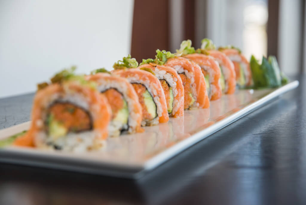 A loaded specialty sushi roll at California Roll Factory in West LA.