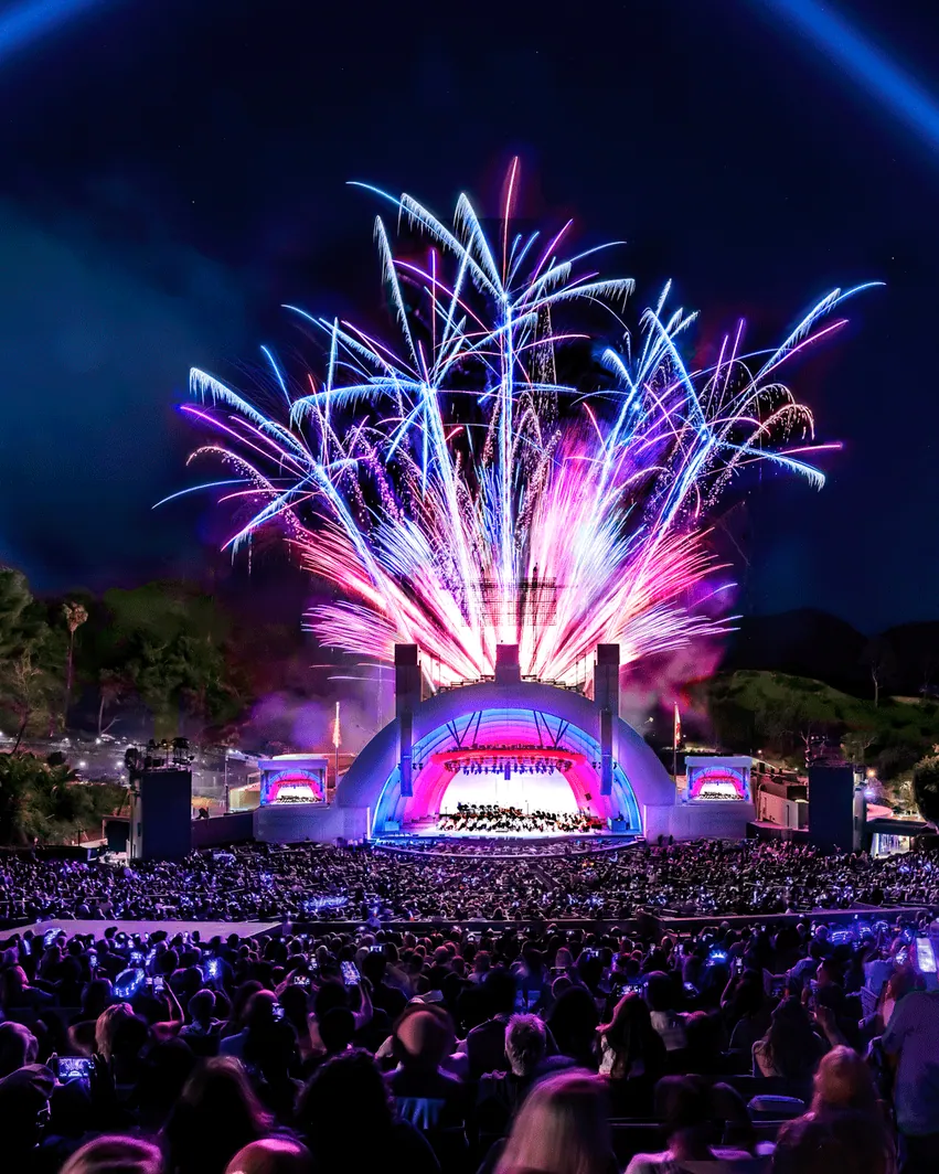 Fireworks over the Hollywood Bowl shell during a summer night concert