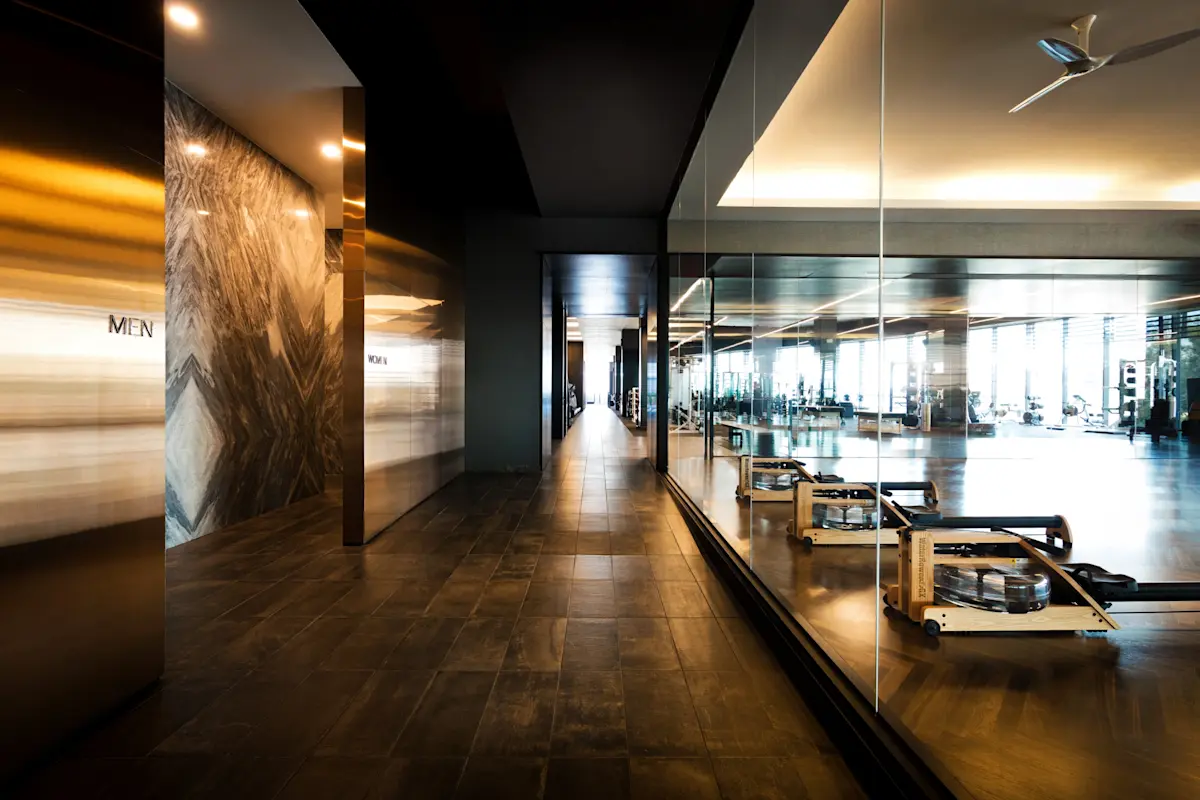 Interior lounge and workout floor at an Equinox LA club