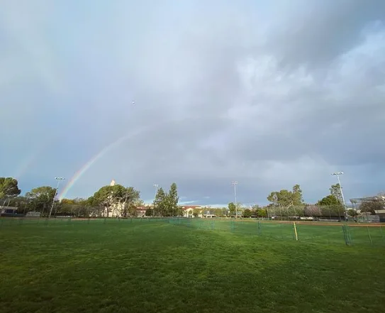 Jogging track and open lawn at La Cienega Park in Beverly Hills