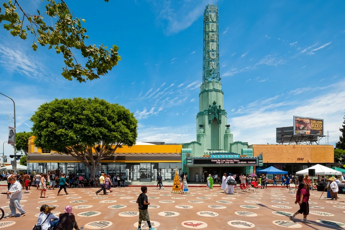 Marketplace vendors and foot traffic at Leimert Plaza Park