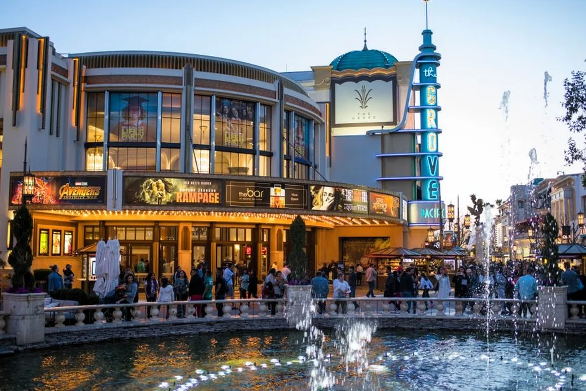 The dancing fountain and main drag at The Grove at dusk