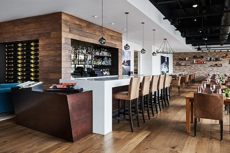 Restaurant 917 overlooking the Porsche Experience Center track in Carson