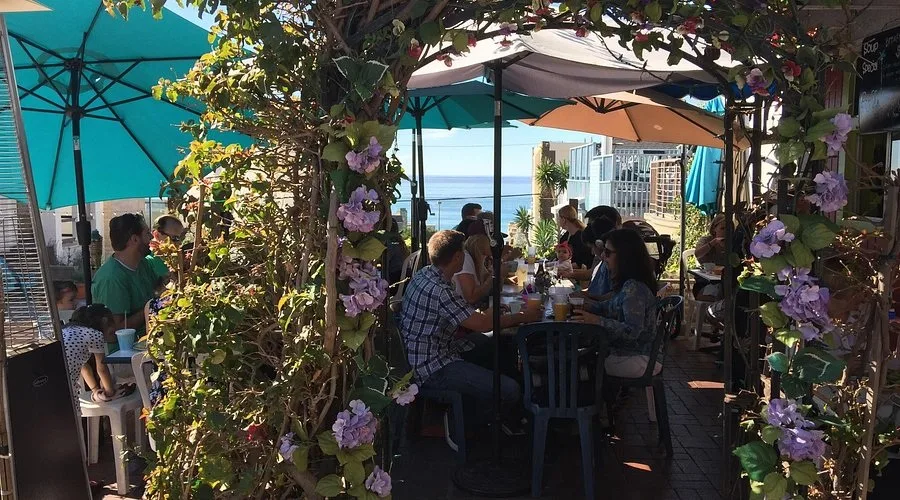 Diners under umbrellas on a vine-covered patio above the ocean