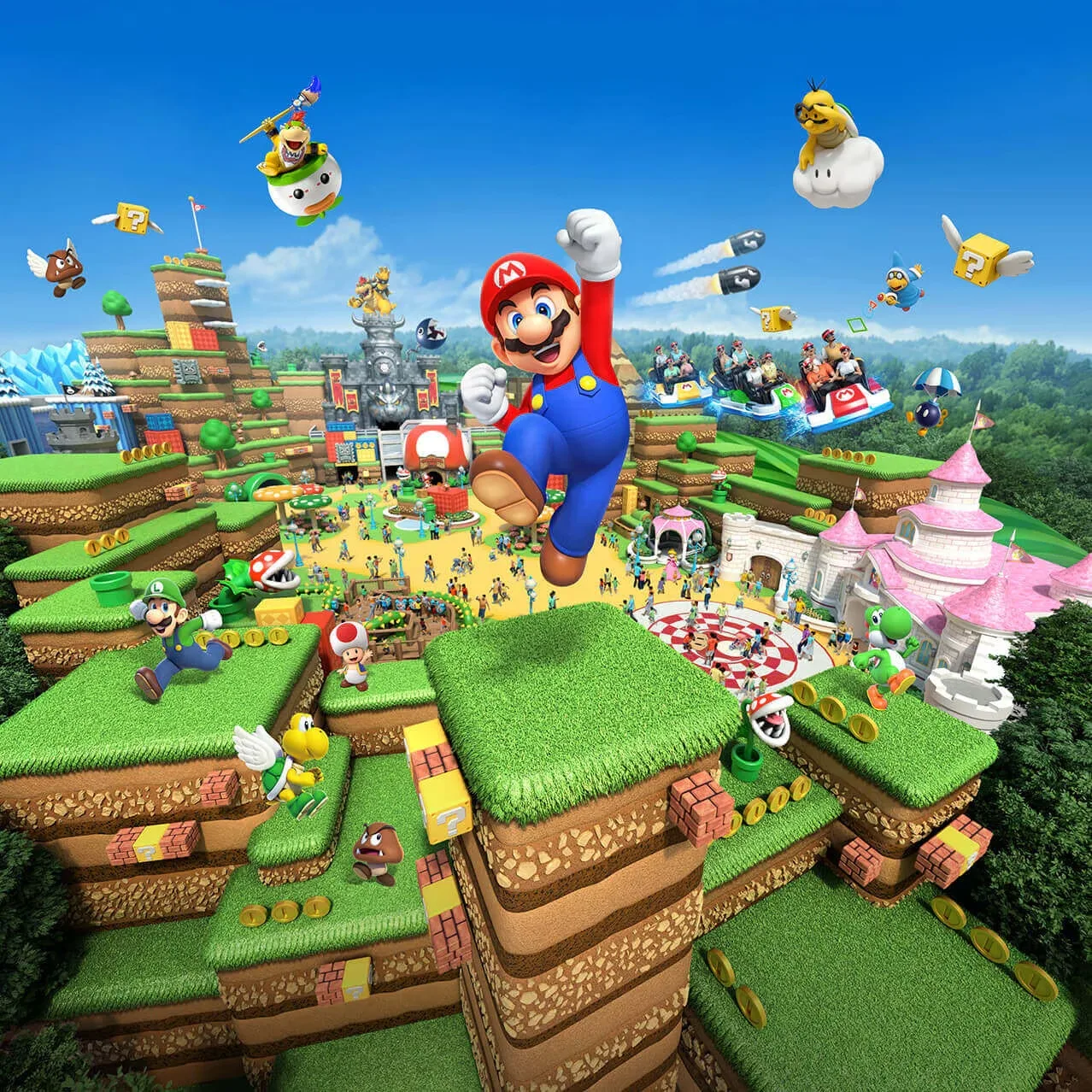 Illustrated theme park land with a leaping cartoon character