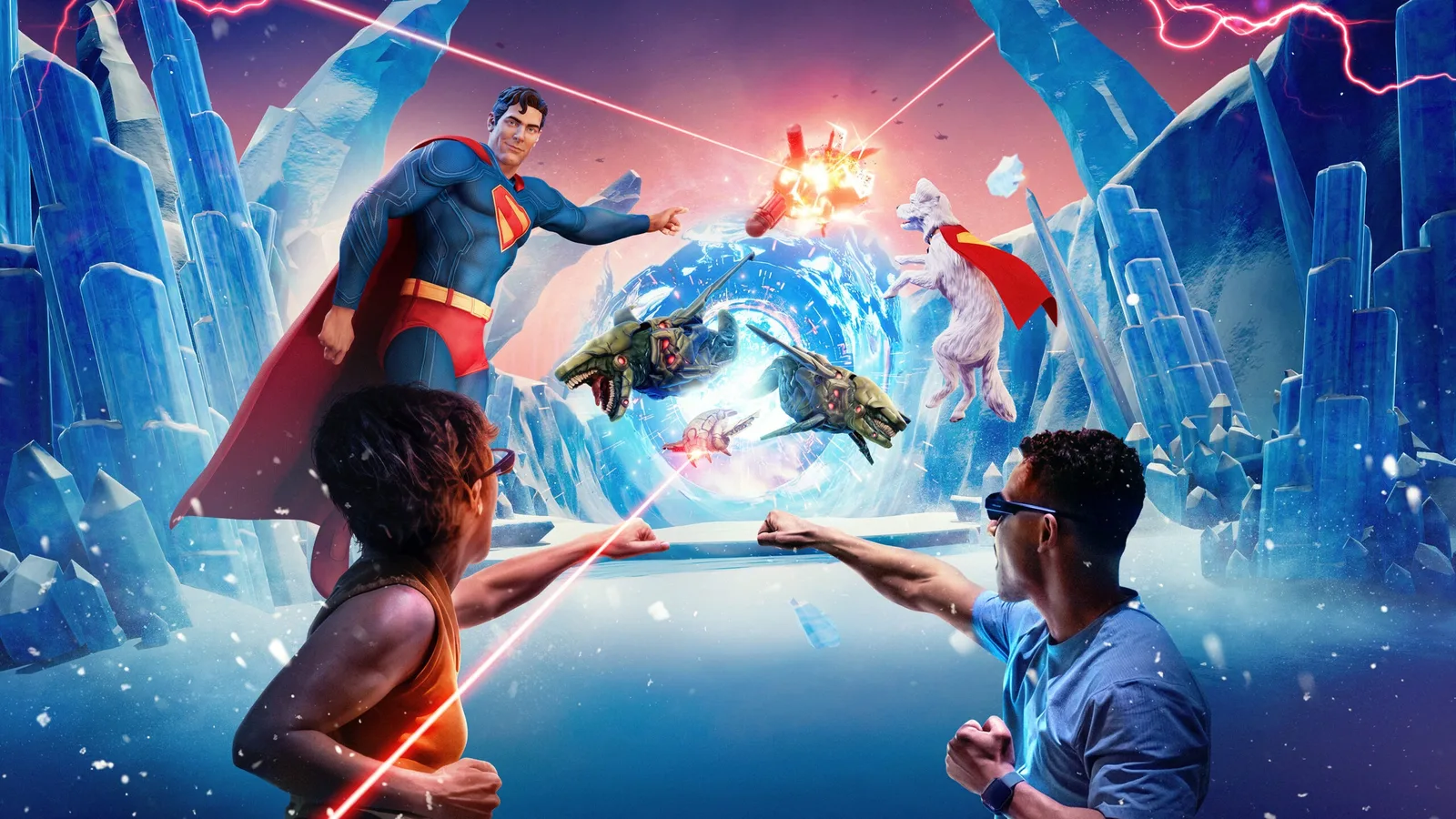 Visitors inside a room lined with projected superhero comic artwork