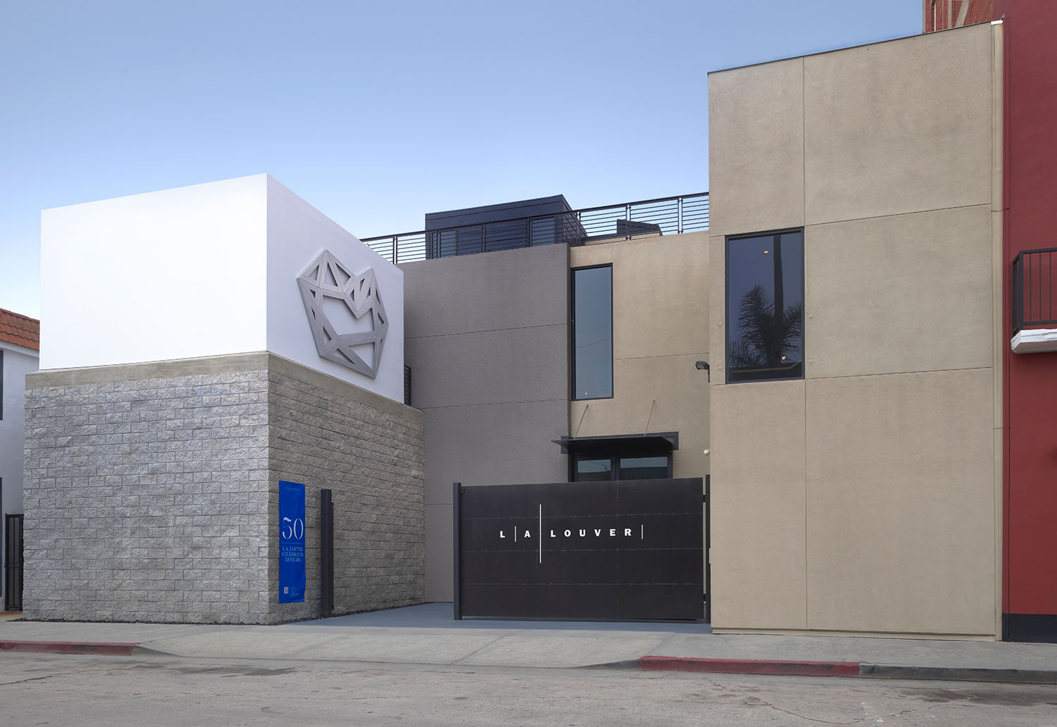 The distinctive facade of the L.A. Louver contemporary art gallery in Venice.