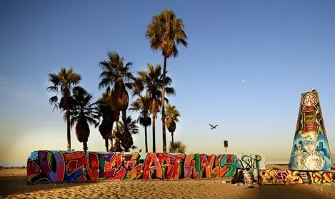 Vibrant spray-painted murals cover the Venice Art Walls between Muscle Beach and the skatepark.