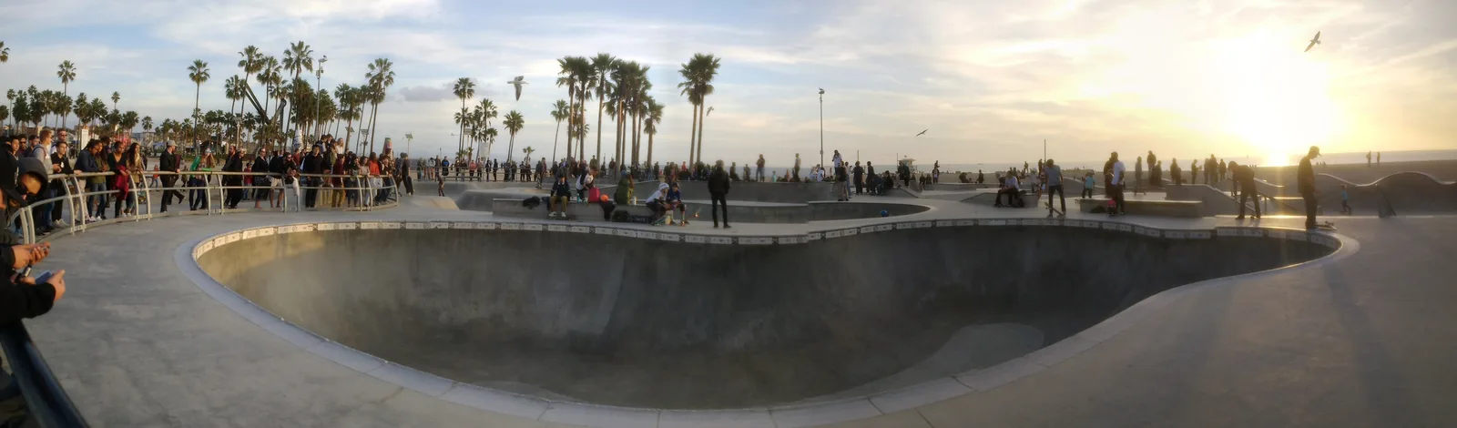 Skaters and onlookers around the concrete bowls at sunset