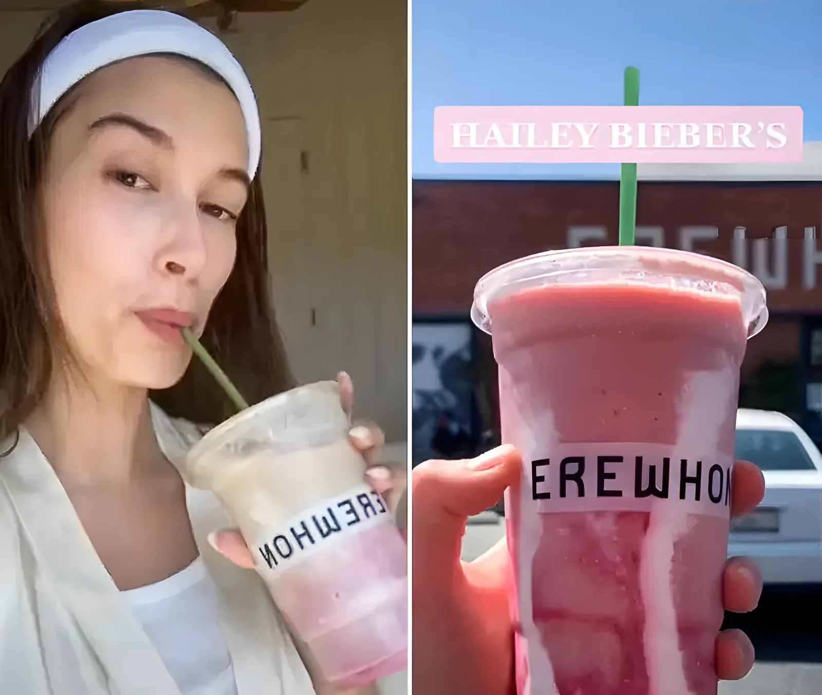 Hailey Bieber drinking her own Erewhon Smoothie the Strawberry Glaze