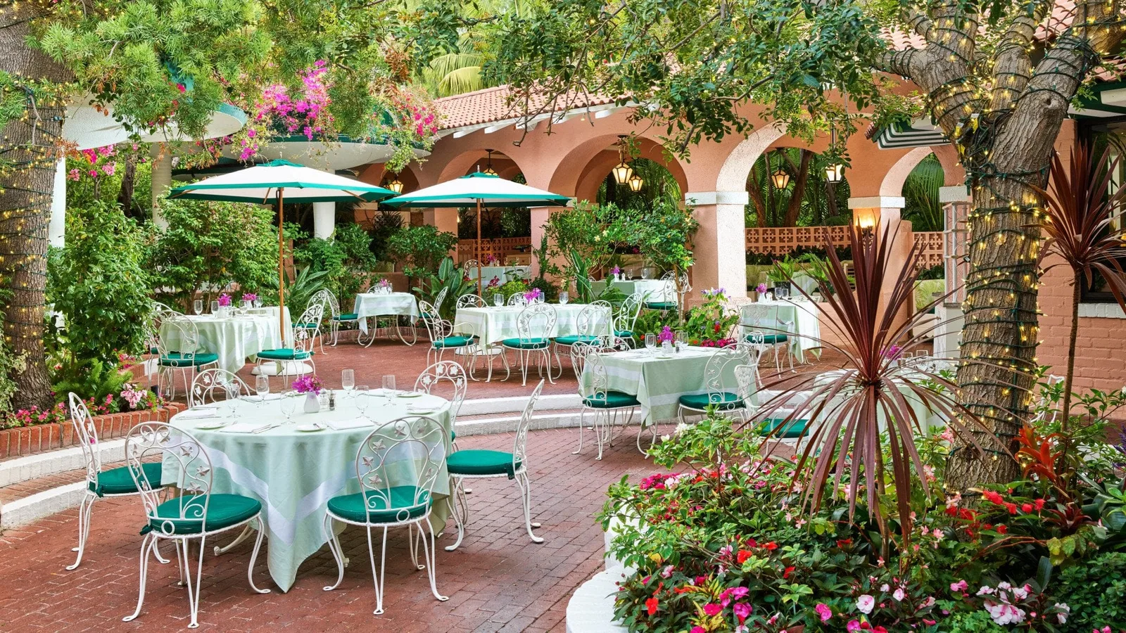 The Polo Lounge patio at The Beverly Hills Hotel, a legendary Hollywood dining institution in Beverly Hills.