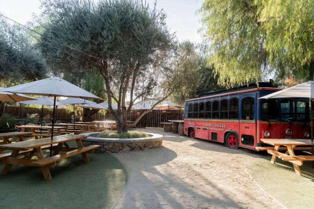 Picnic tables under a spreading tree with a red bus parked behind