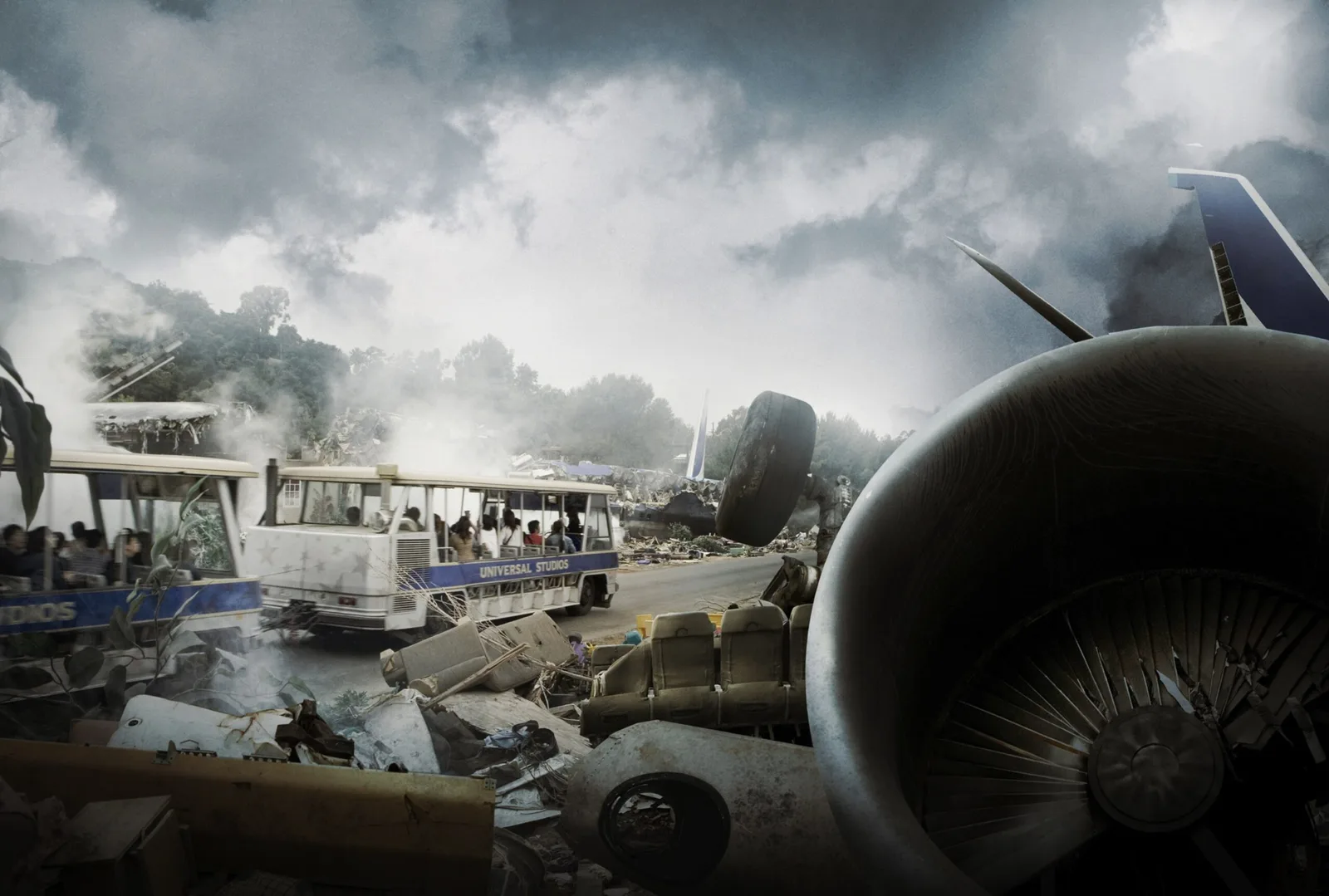 Staged plane crash set with scattered wreckage and a huge engine