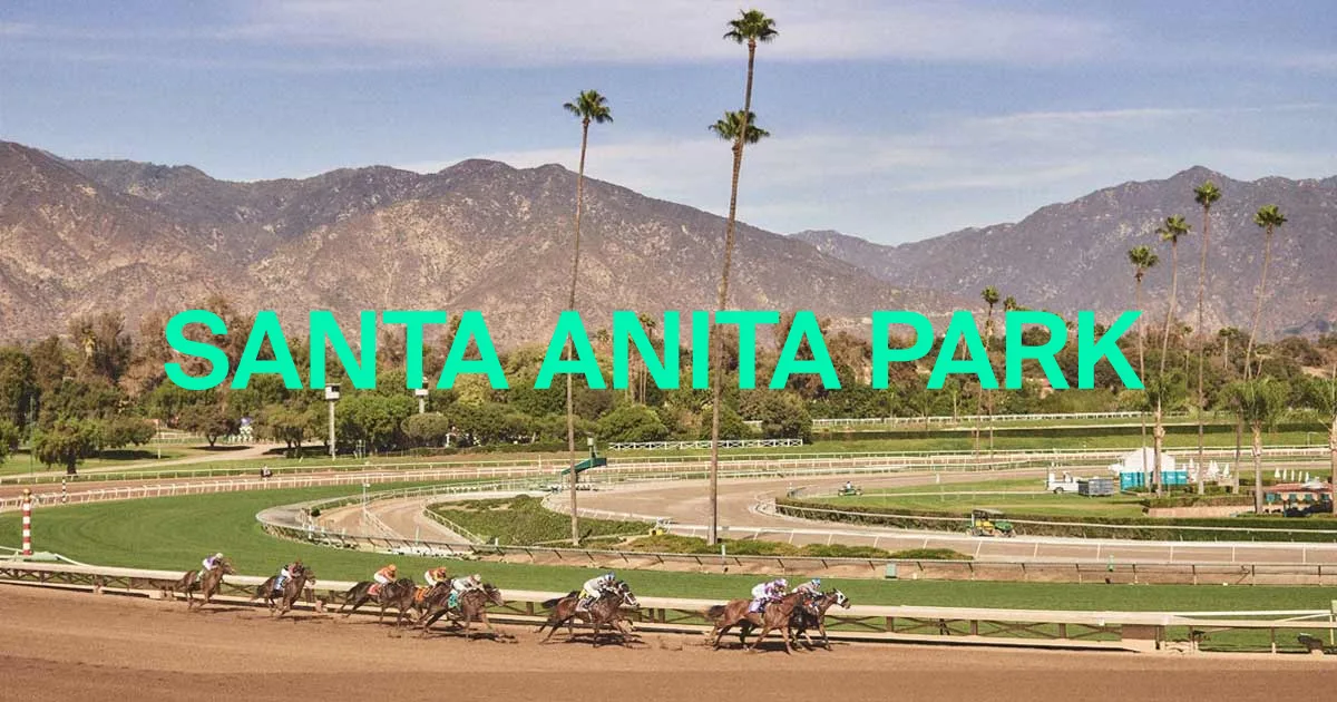 Thoroughbred horses and jockeys racing at Santa Anita Park in Arcadia.