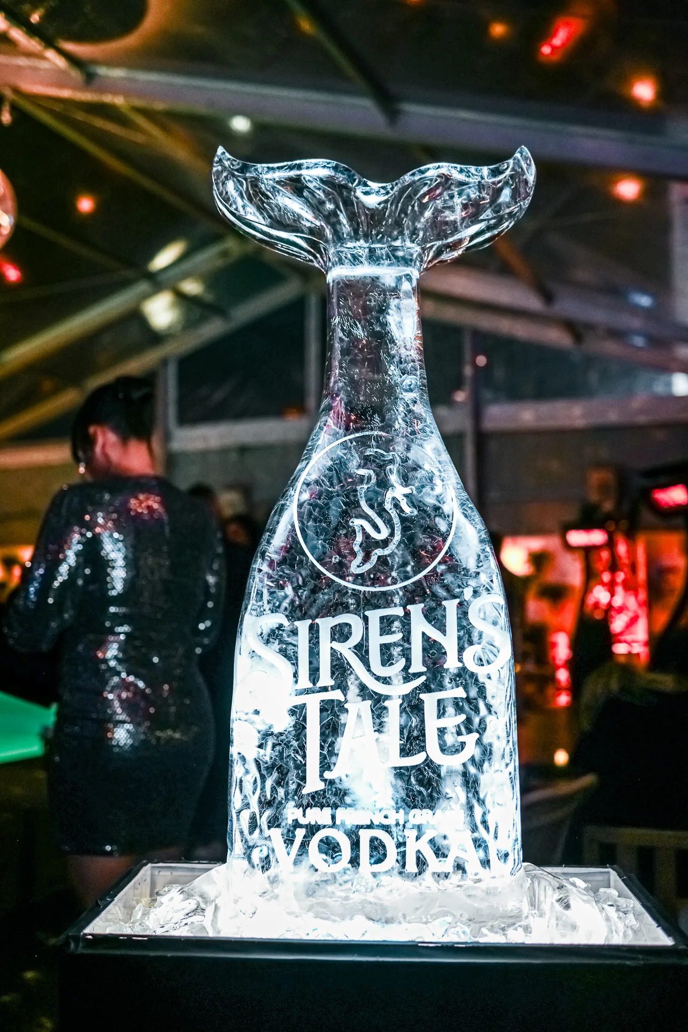 Artistic ice sculpture of Siren's Tale French Vodka at the Golden Globes Pre-Party 2025 in Hollywood, California.