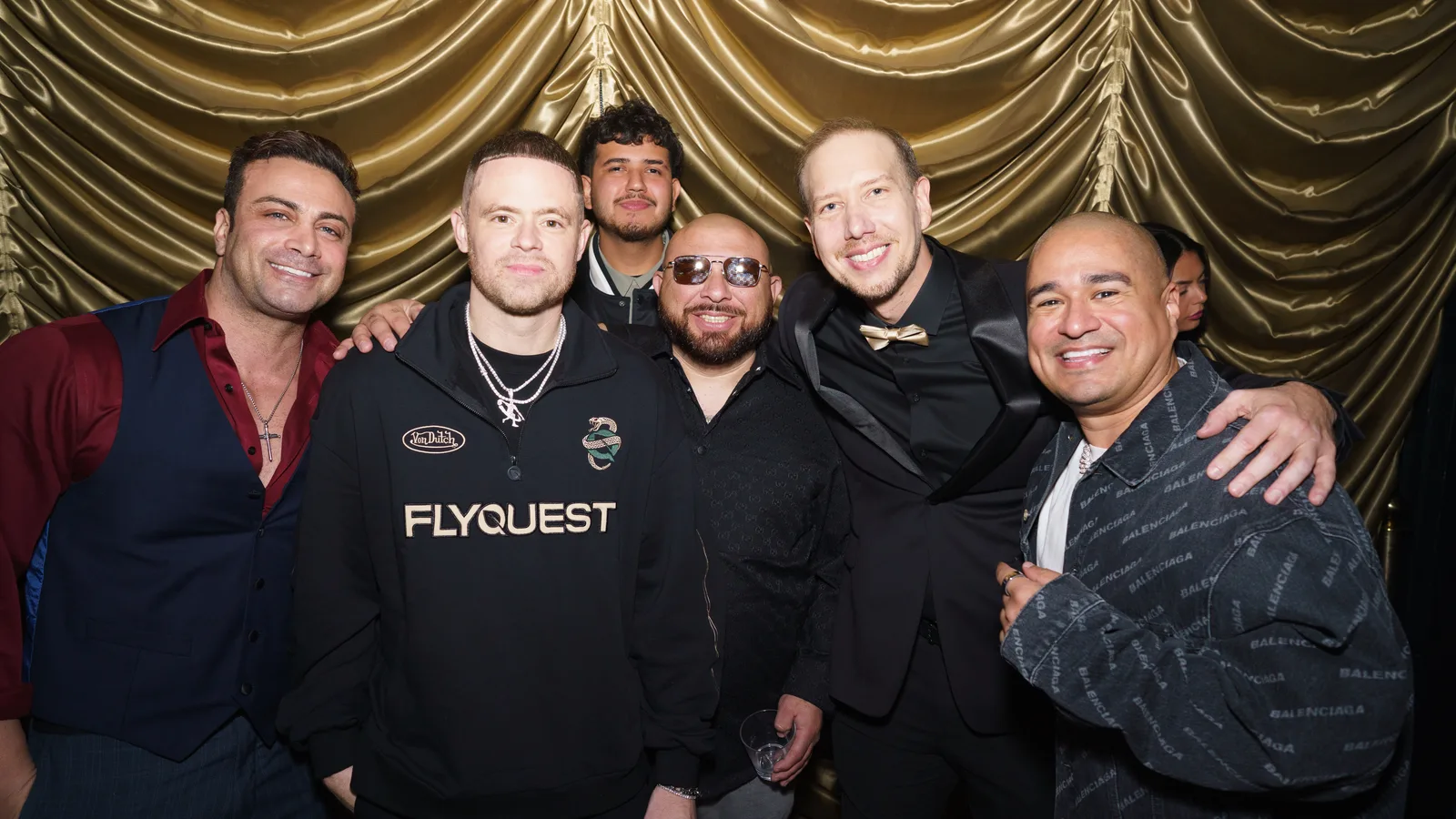 Marty York (Sandlot), The Professor, Robert Lugo, Shoelada, and Mark Stampfly (LA Today) group shot at VIP Gold Table inside Warwick at LA Today's Golden Globes Pre-Party.