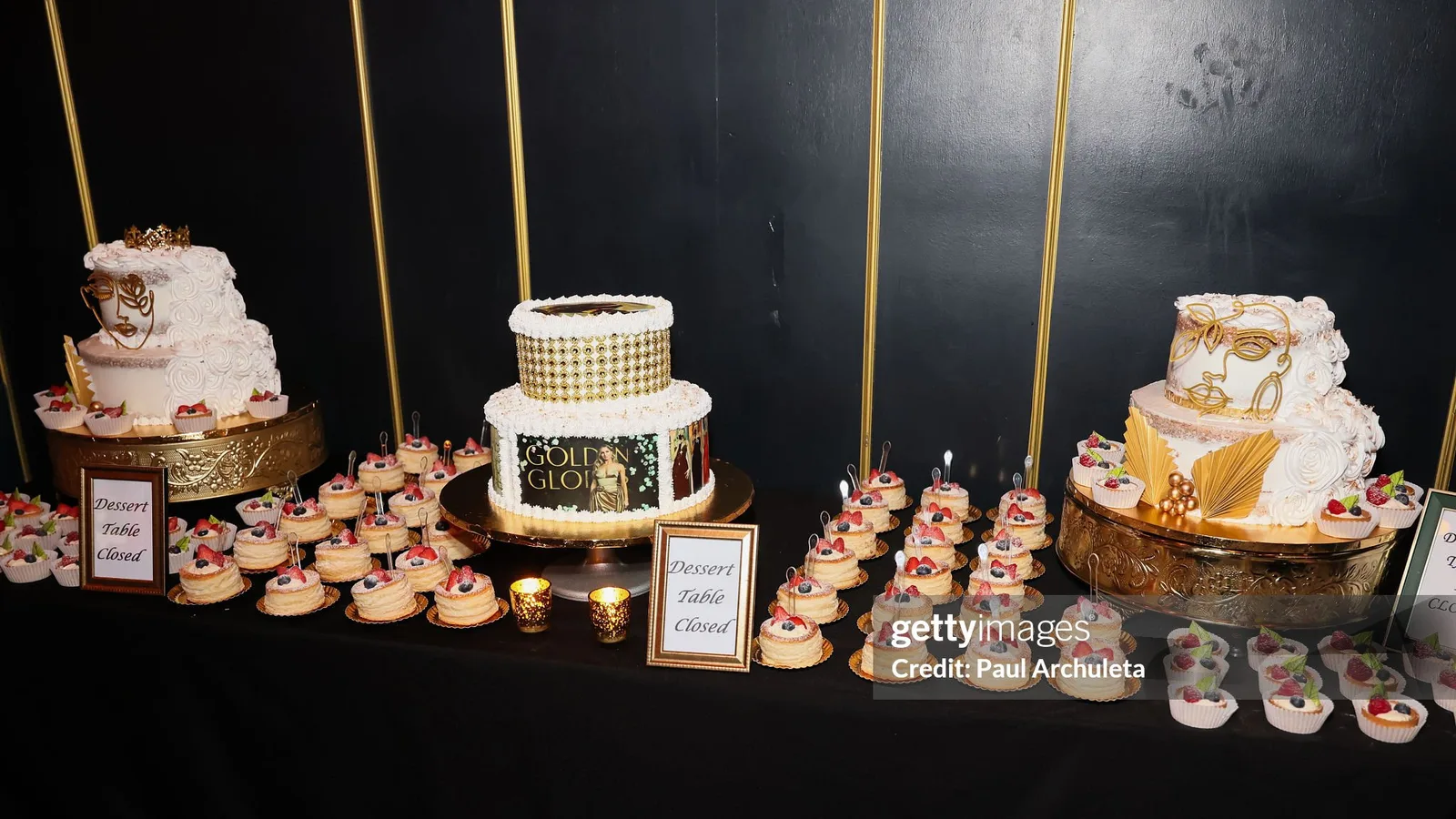 Joseph thee Baker dessert table and cakes including the Nikki Glaser (host of the Golden Globes) cake at LA Today's Golden Globes Pre-Party event.