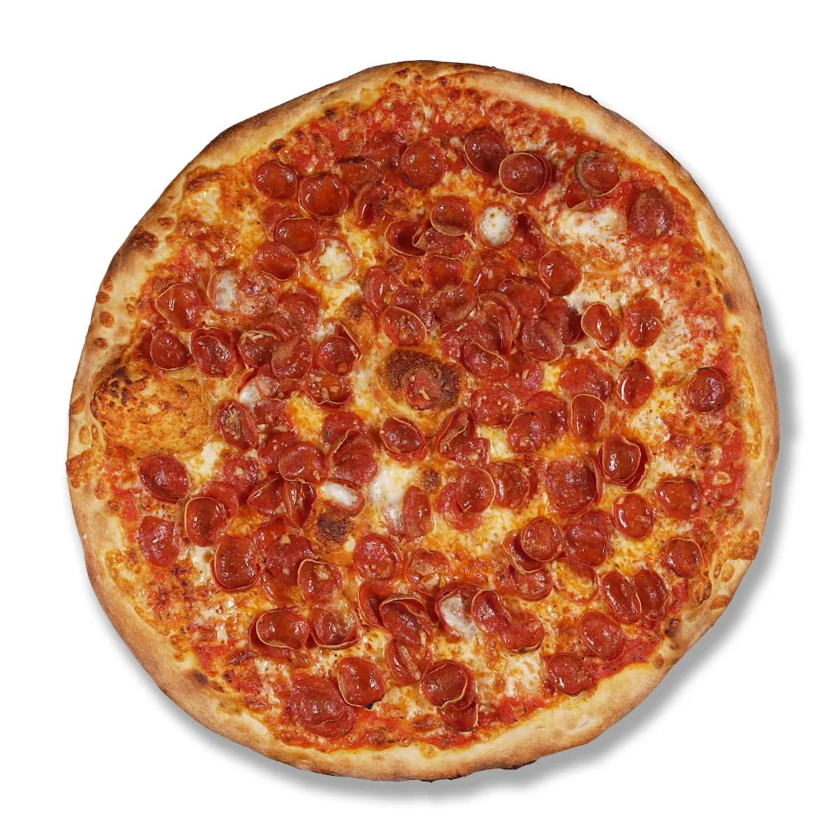 Whole pepperoni pizza on a plain white background