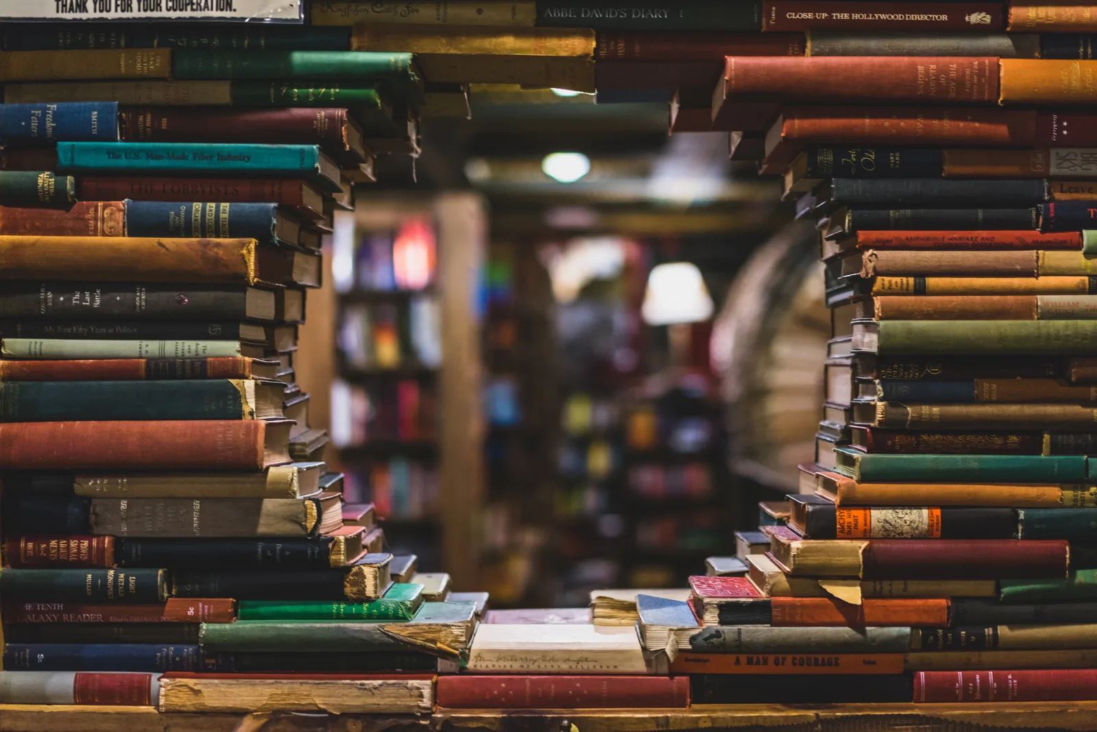 The labyrinth of bookshelves and book-tunnel sculpture inside The Last Bookstore in Downtown LA