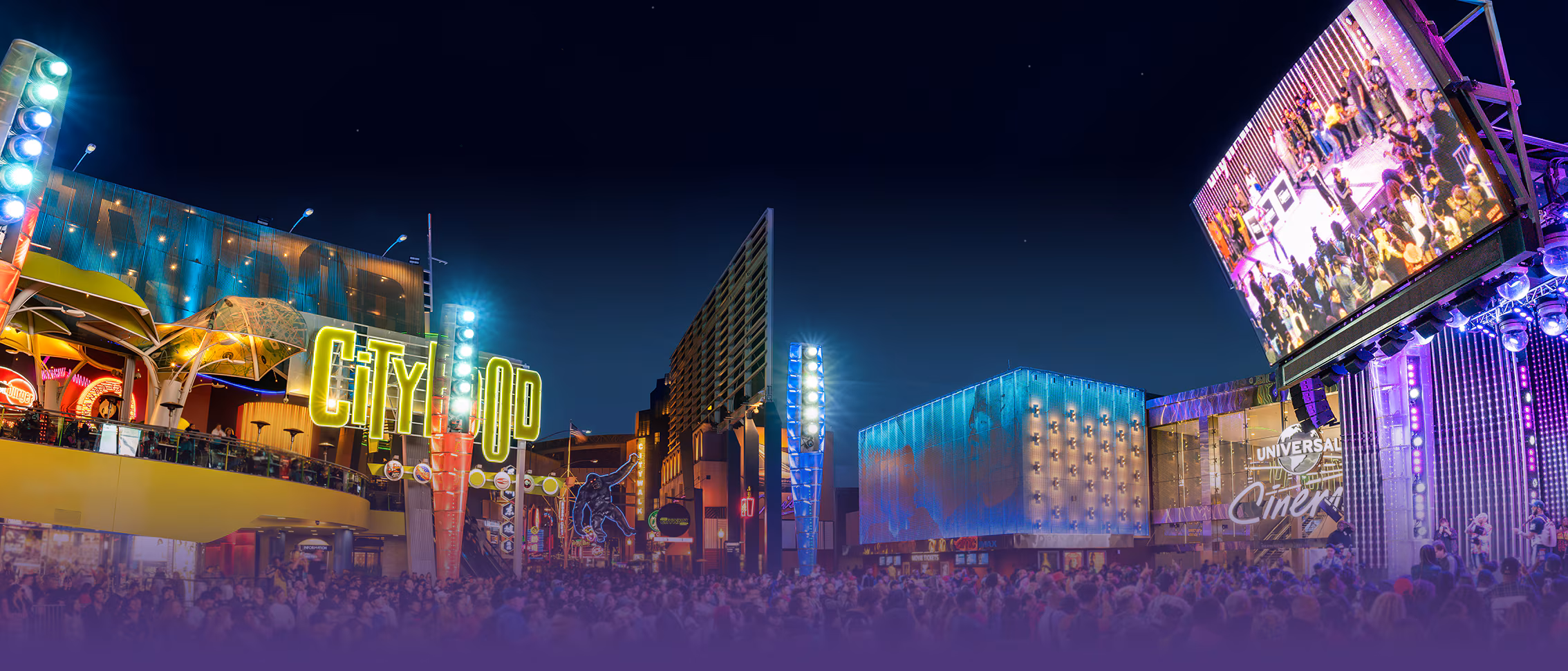 Neon signage along Universal CityWalk at night