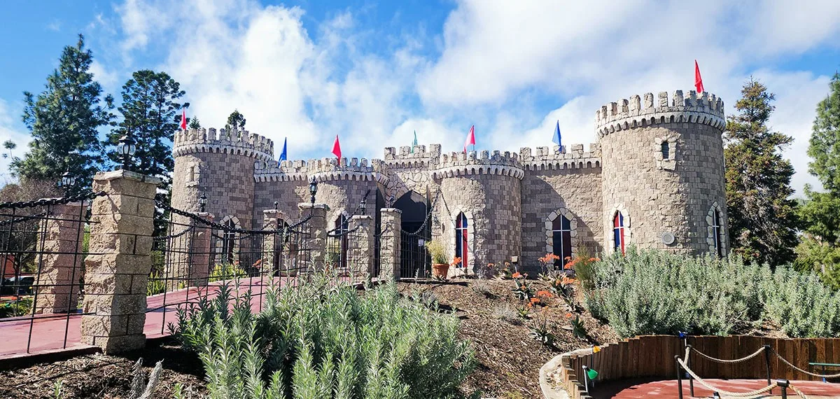 The turrets of Sherman Oaks Castle Park, the retro castle-themed mini-golf complex