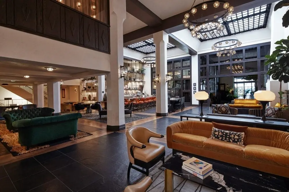 Spanish Colonial lobby of the 1926 Hotel Figueroa on Figueroa Street