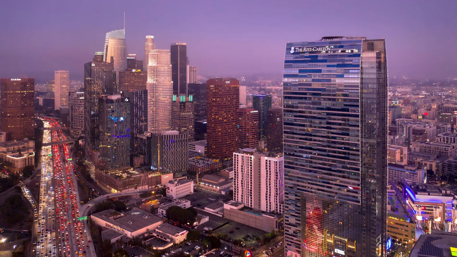 The Ritz-Carlton Los Angeles tower rising above L.A. LIVE downtown
