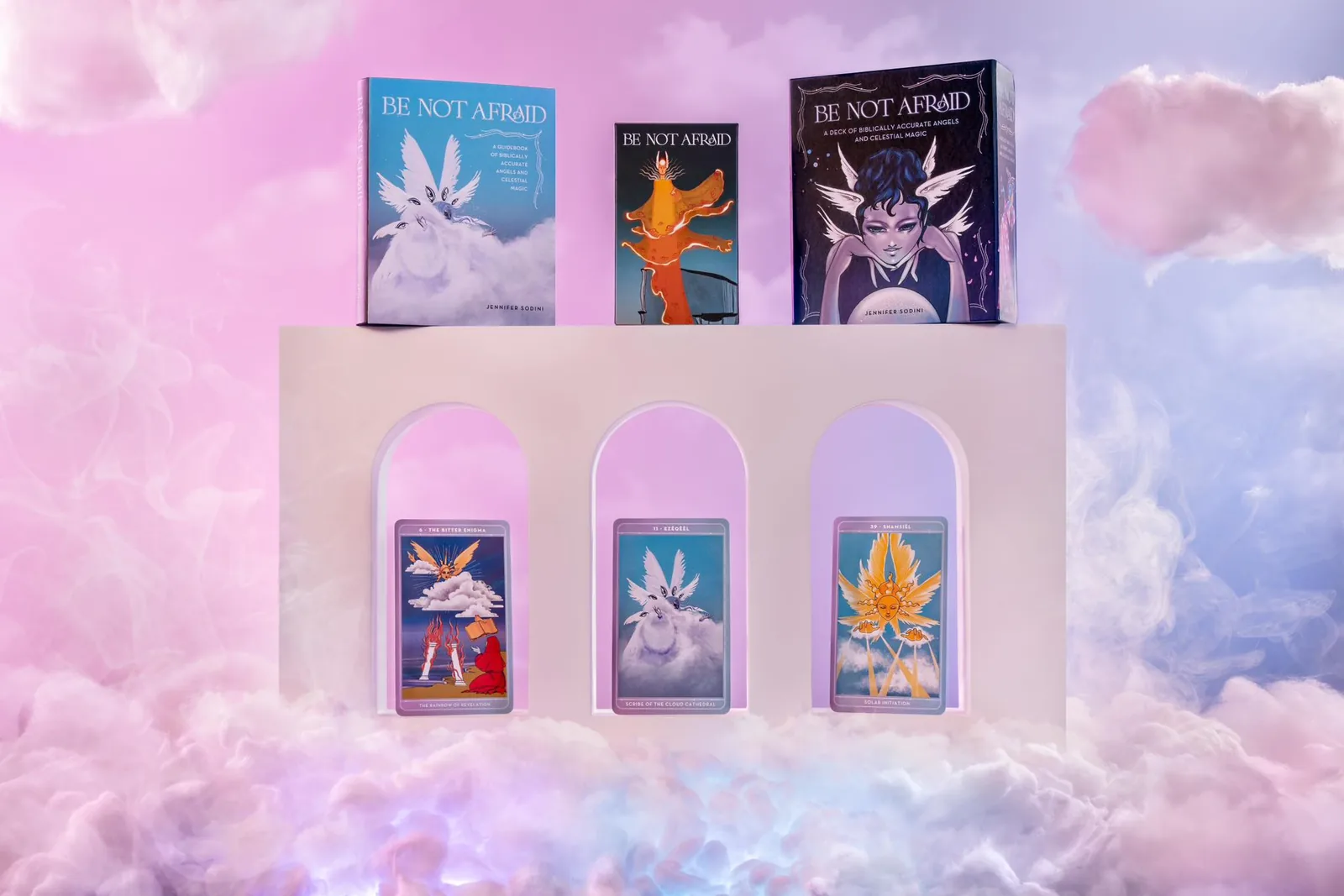 Be Not Afraid guidebook, deck and three angel cards displayed in a pastel cloud set