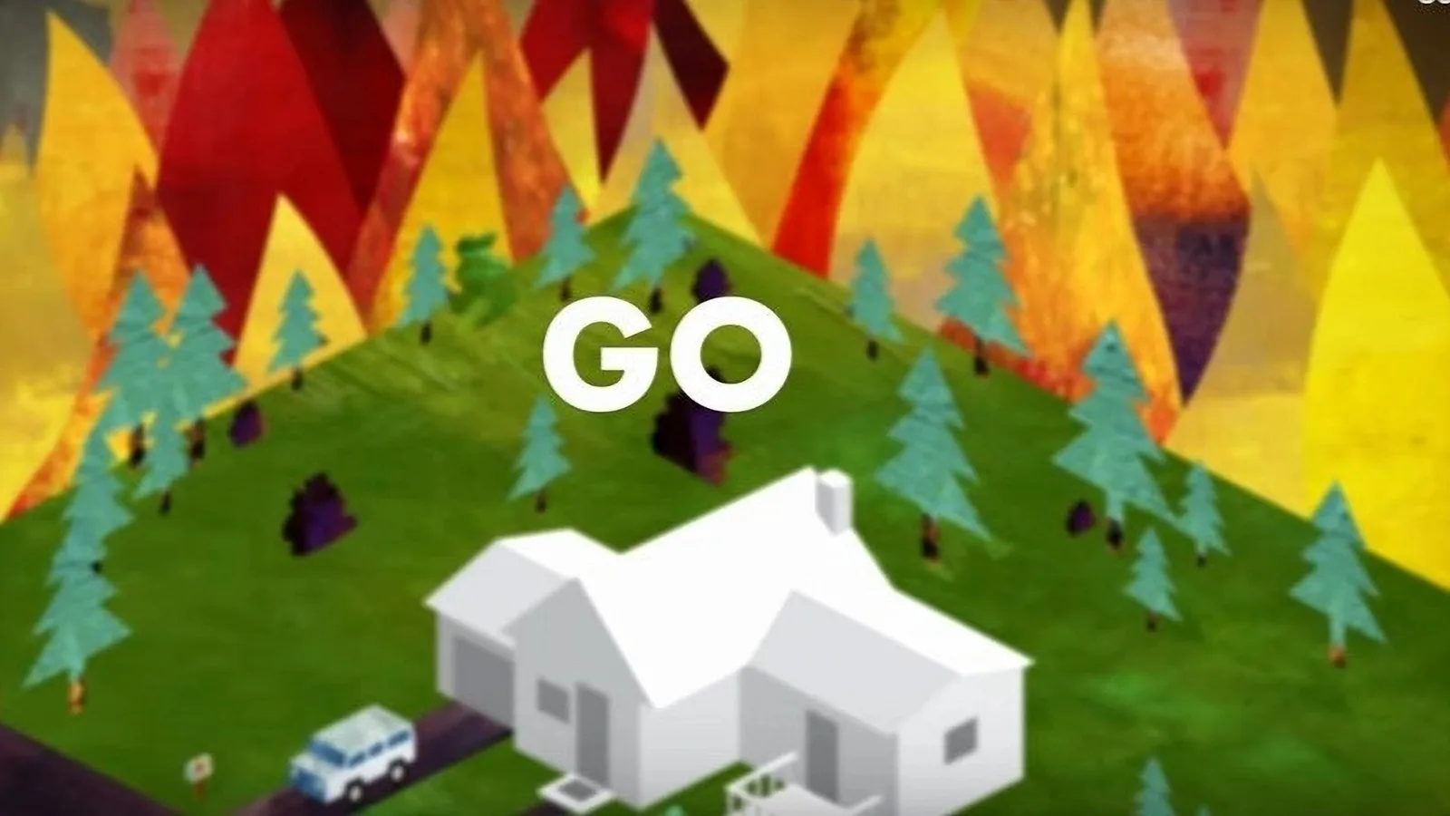 Wild fire evacuation guide for California fires with schematic of house and car surrounded by fire.