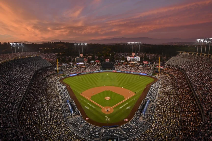 Dodger Stadium filled for a night game in Chavez Ravine