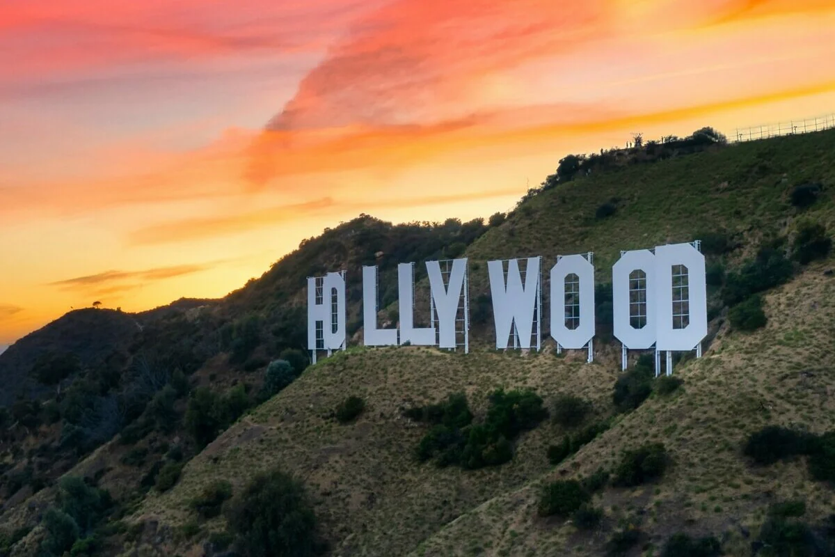 The Hollywood Sign on Mount Lee at sunset