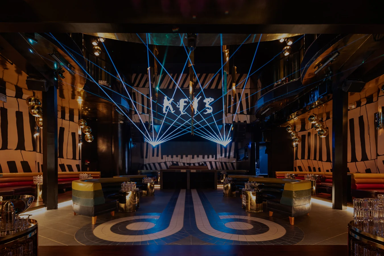 The lit dance floor and stage at Keys in Los Angeles