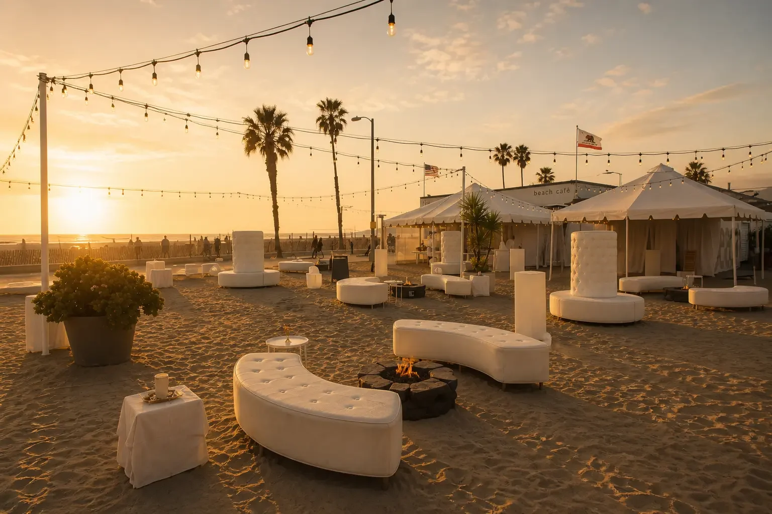 Daybeds and cabanas on the sand at Perry's Beach Club, Santa Monica
