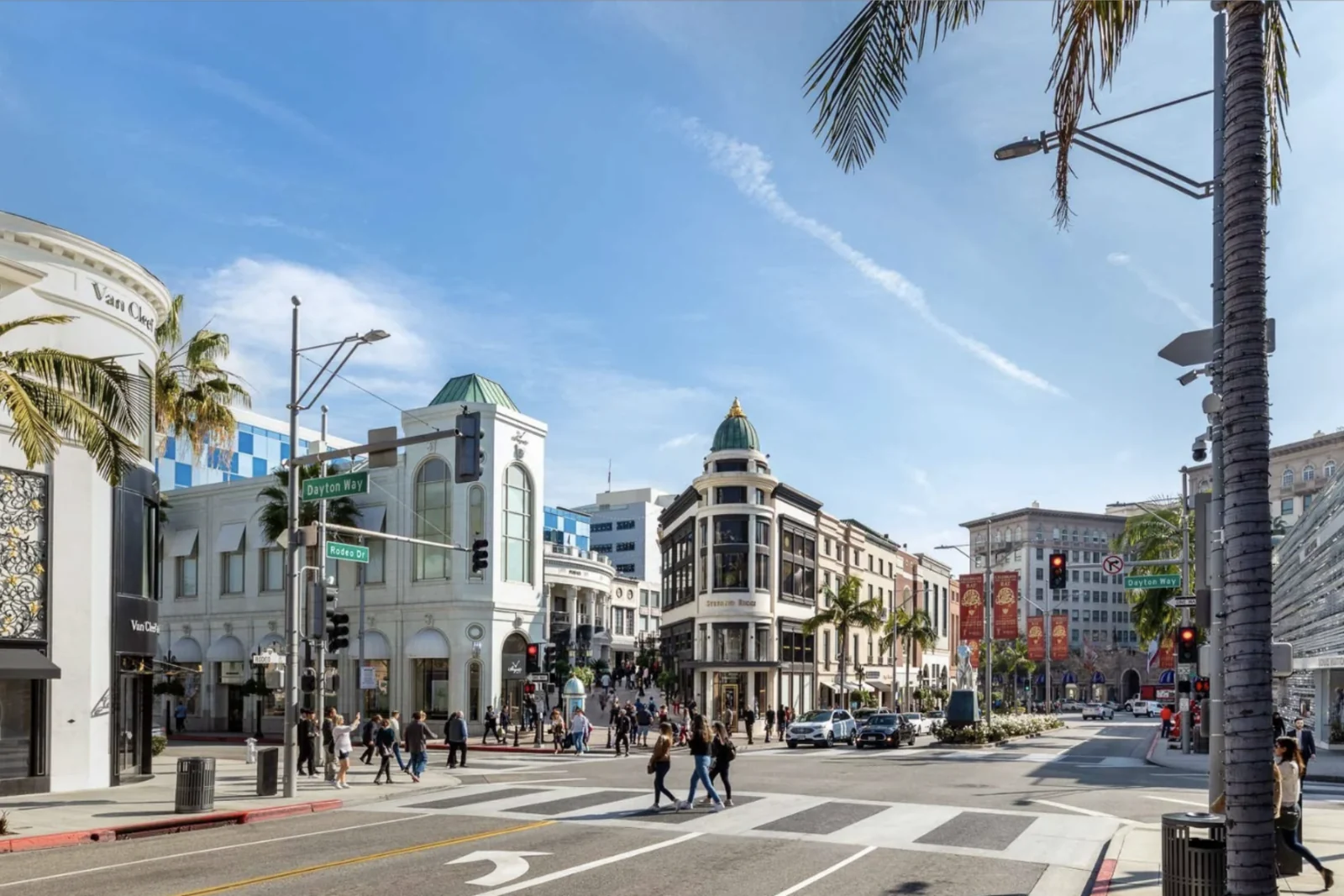 Palm-lined luxury storefronts along Rodeo Drive in Beverly Hills