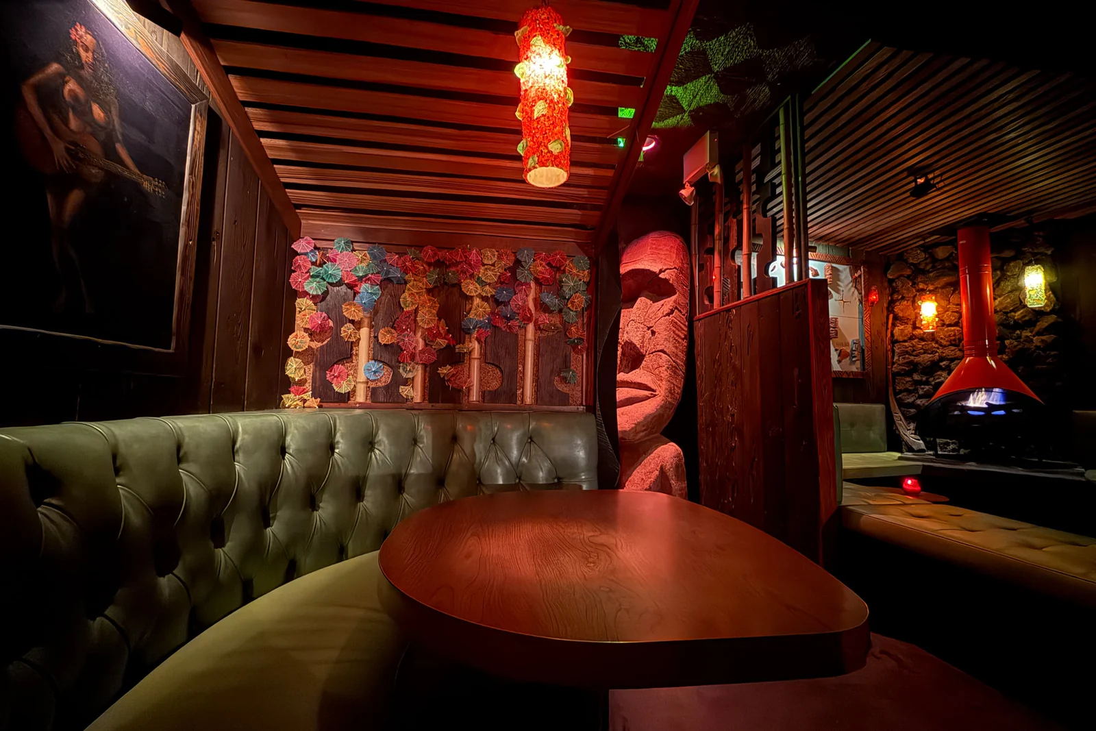 The carved tiki interior and booths at Tonga Hut, North Hollywood