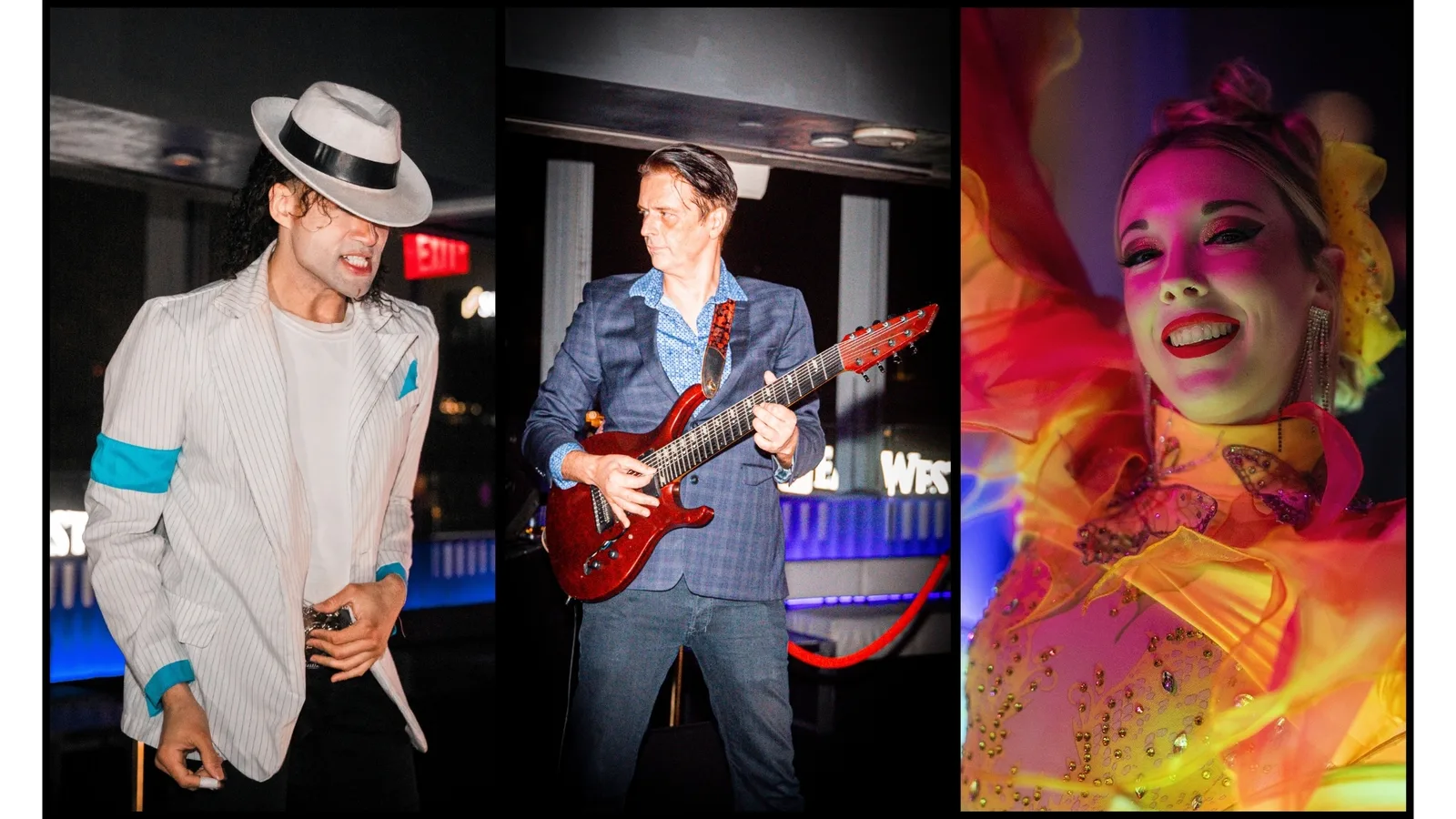 Performers MJ (Michael Jackson), Kurt Szul, and Neon-Lit Flower Girl from Wildfire Arts at LA Today's Emmys Celebration